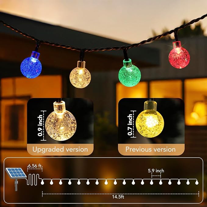 Metaku 2 Pack Solar String Lights for Outside, Total 40FT 60 LED Crystal Globe String Lights, Solar Powered Outdoor Lights with 8 Lighting Modes, Patio Light for Garden, Camping and Party Multicolor