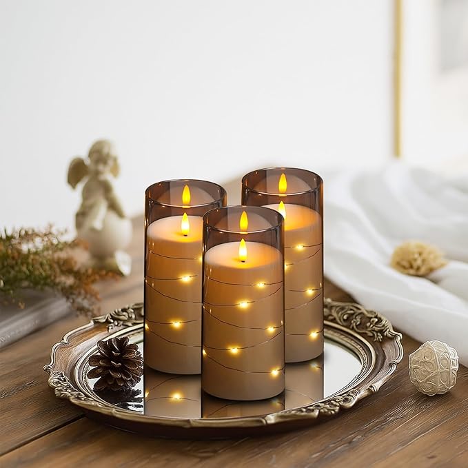 Flickering Flameless Candles with Remote Timer, 6pcs LED Battery Operated Candles with Embedded String Lights Grey, D3 H6