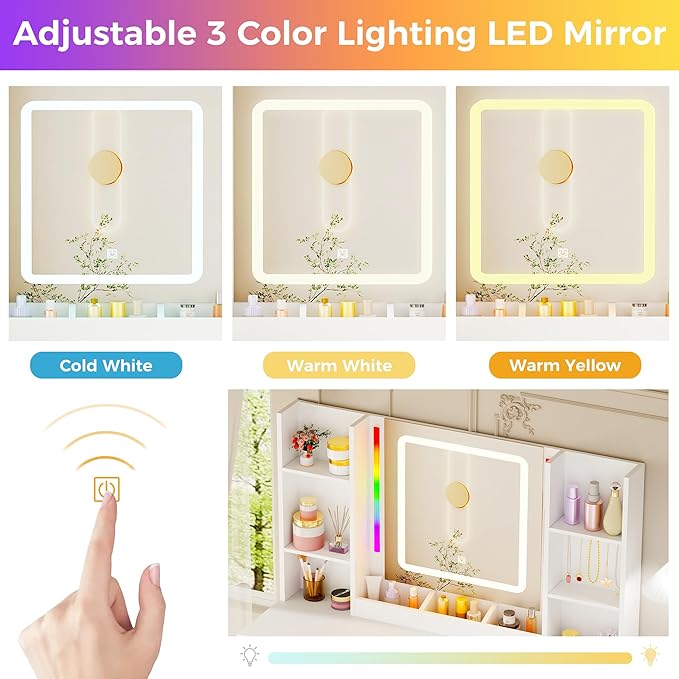 ANWBROAD Makeup Vanity Desk with Mirror and Lights 3 Colors Large Vanity Table with 7 Drawers & RGB Lights White Makeup Table with Charging Station 6 Storage Shelves Stool for Bedroom Women UBDT96W