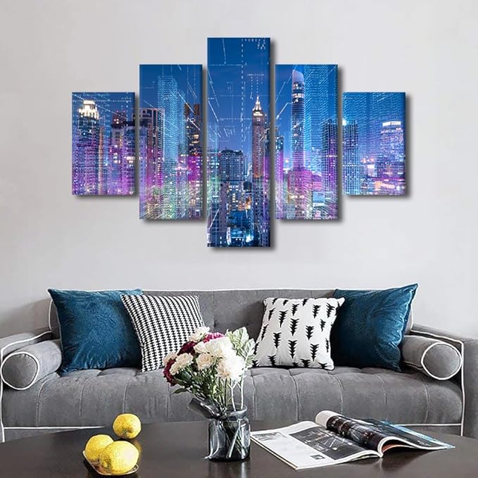 Cityscape Canvas Art 5 Panel Native Americans Wall Decor Wireless Network Poster Printing Internet Companies Corridor Wall Art Meeting Room Canvas Art Decoration Frame Ready to Hang 60x40 Inch