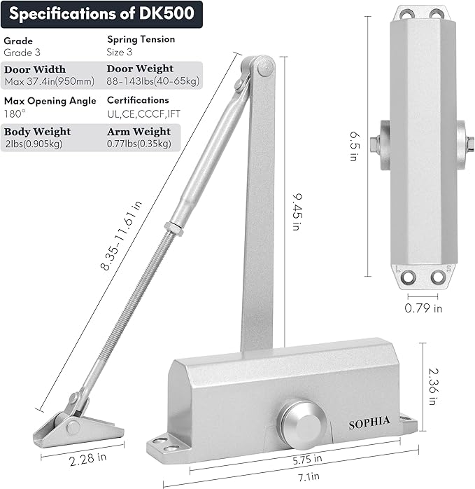 SOPHIA Automatic Door Closer for Home, Fireproof Auto Door Closer DK500 for Light Commercial & Residential Use, Hydraulic Door Closer, ADA Compliant & UL Listed, Grade 3, Silver