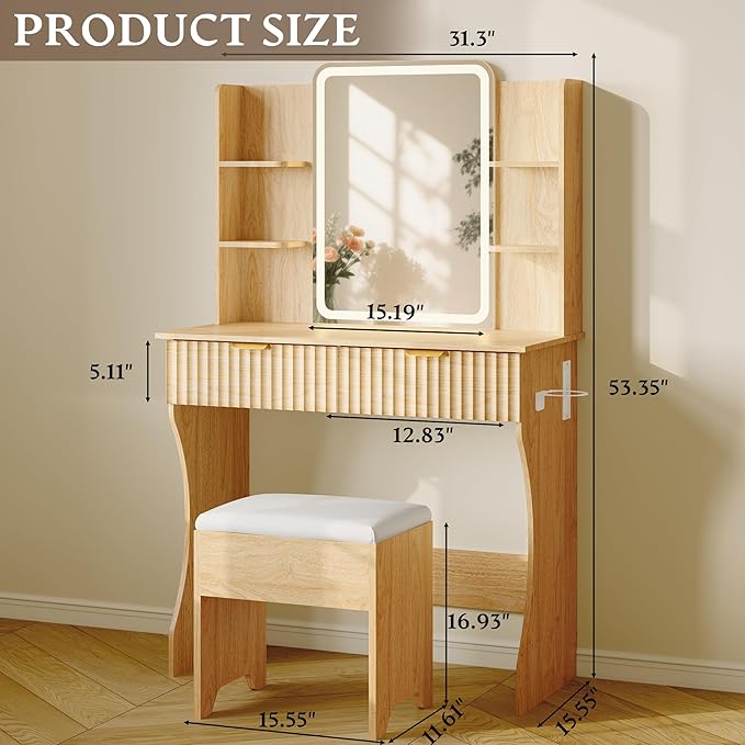 Makeup Vanity Desk with Mirror & Lights, Small Vanity Table Set for Girls with Chair & Power Outlet, Fluted Dressing Table with 2 Drawers & 4 Storage Shelves, Adjustable RGB Lighting - Wood