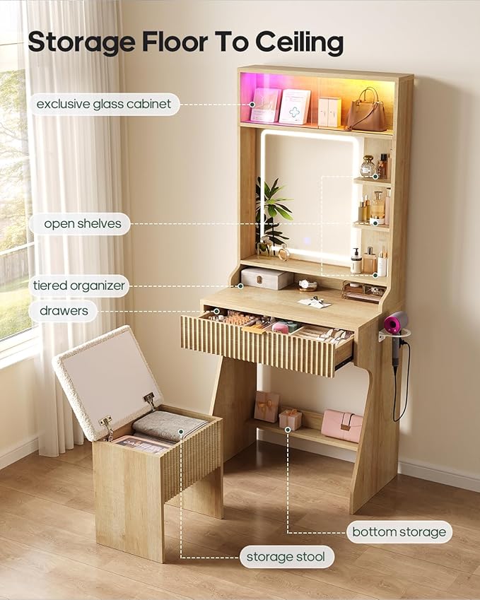 Small Vanity Desk with Mirror and Lights, Sound Sync LED Lights, Fluted Wood Compact Makeup Vanity Table Set with Teddy Fleece Chair, Storage Drawer, Shelves, Bedroom (Oak)