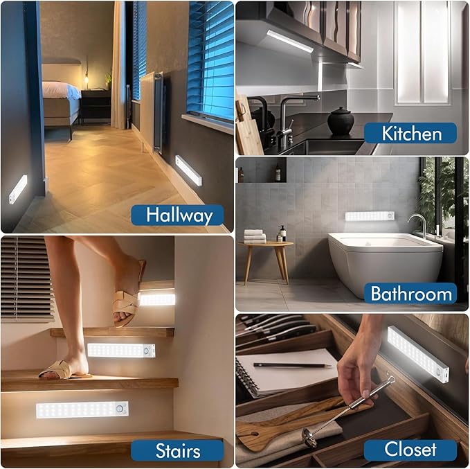 Under Cabinet Lighting 1800mAh Long Battery Life,2 Pack Dimmable Motion Sensor Light Indoor,USB C Rechargeable Under Cabinet Lights Wireless,Under Counter Lights for Kitchen Drawers, Wardrobe, Stair