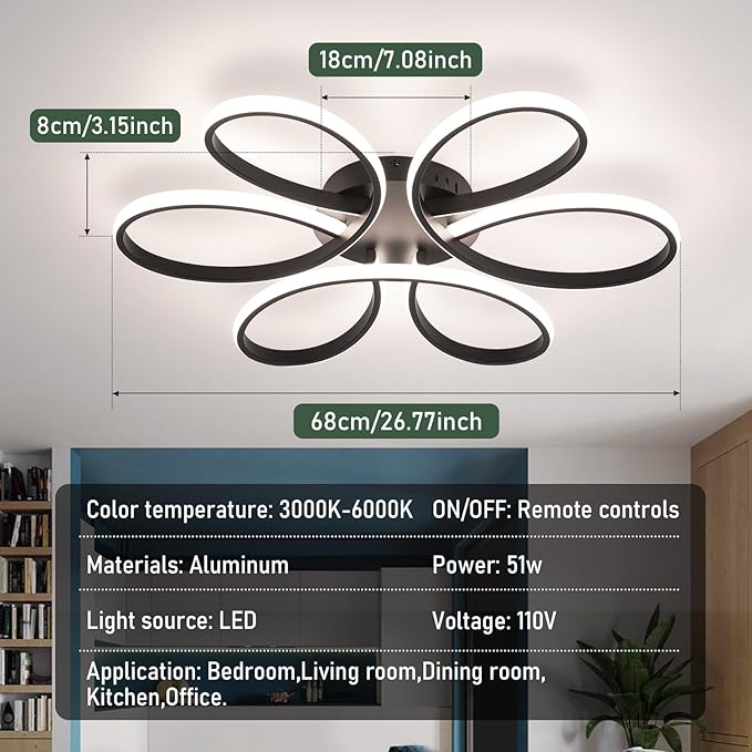 26inch Modern LED Ceiling Light, 6 Rings Flower Flush Mount Light Fixture with Remote Control Black Dimmable Ceiling Lamp for Living Room, Bedroom, Dining Room, Hallway, Kitchen