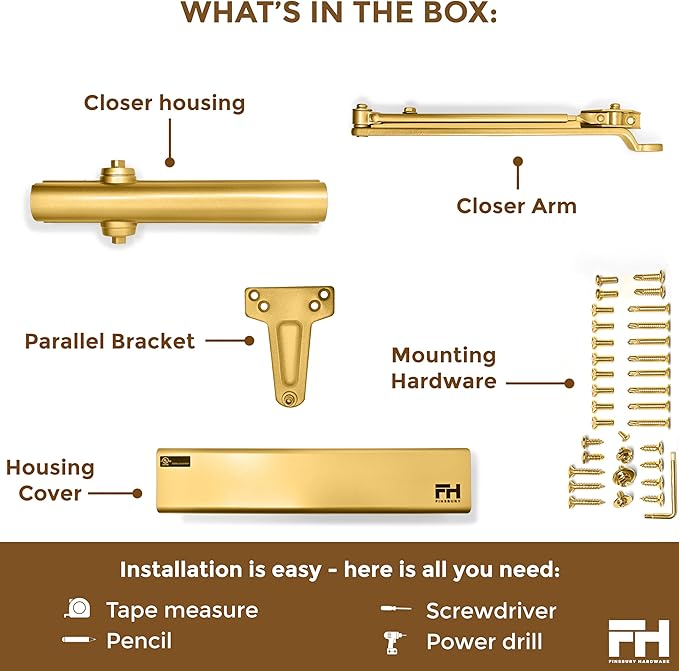 Commercial Door Closer Automatic Heavy Duty High Traffic Adjustable ANSI/BHMA Grade 1 Standard, UL Listed ADA Compliant Hydraulic Backcheck Delayed Action Latch Speed 1-6 Power (1, Matte Gold)