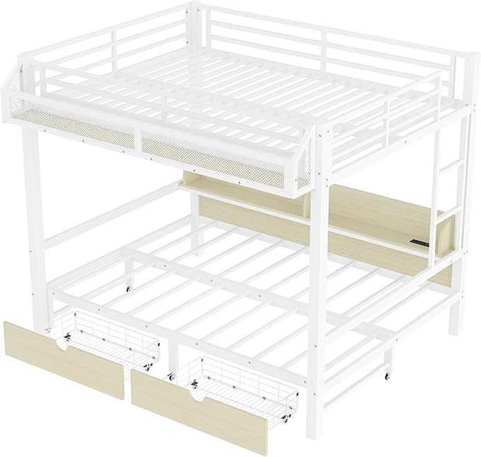 Bellemave Queen Over Queen Metal Bunk Bed with Storage Drawers and Shelves, Heavy Duty Bunk Beds with LED Lights and Charging Station for Kids,Adults,Convertible into a Sofa Bed,White