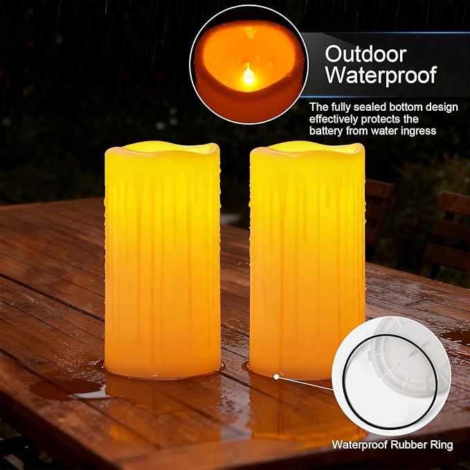 Amagic 2 Pack 8" x 4" Outdoor Plastic Electric flameless Candles with Remote Control and Timer, Battery Operated Flickering LED Pillar Fake Candle for Home, Wedding Decor, Ivory