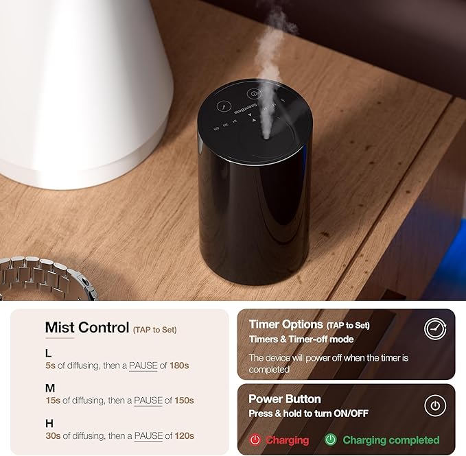 Waterless Essential Oil Diffuser Starter Kit with 4 x 10mL Hotel Scent Fragrance Oils, Battery Operated Mini Scent Air Machine Portable Diffuser for Home Car Office, ANZ Black Kit