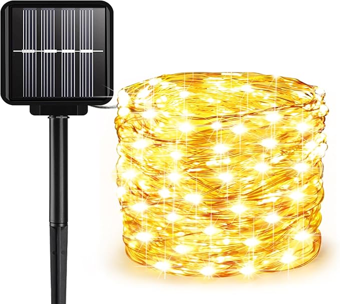 ALENEY Solar String Lights Outdoor, 33 Feet 100 LEDs 8 Modes Solar Fairy Lights for Outside, Waterproof Outdoor Light for Patio Yard Christmas Tree Halloween Wedding Party Decorations, Warm White
