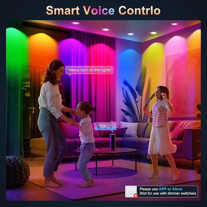 Smart Recessed Lighting 6 Inch, RGBCW Color Changing Smart Can Light Bluetooth Connect, Flicker Free, 13W 1300LM, Dimmable Retrofit Downlight Works with Alexa Voice & App Control, ETL, 6 Pack