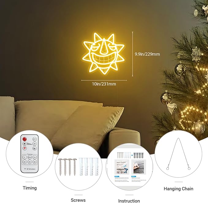 Sun Neon Sign, Yellow Burning Passion Laughing Sun Led Sign for Wall Decor with Remote Dimmer, Retro Vintage Psychedelic Mystic Sun Neon Light for Christmas Bedroom Party Gift - 10''