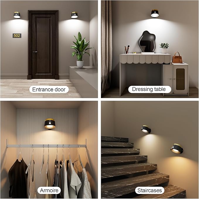 Moobibear Motion Sensor Wall Light Indoor 2Pcs, 3500mAh Rechargeable Battery Operated LED Wall Light, Wall Lamp Wireless with 360 ° Rotation, 3 Color Temperatures for Bedroom, Study, Corridor, Picture