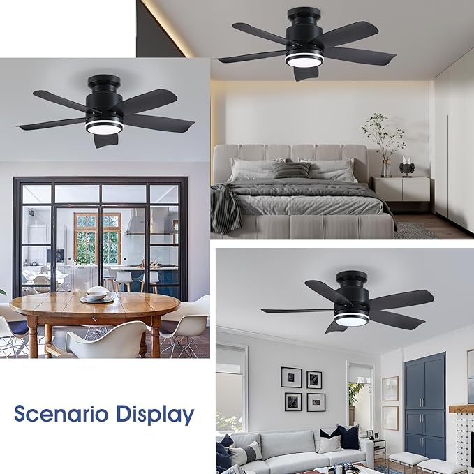 Ceiling Fans with Lights and Remote Control, 41 inch Low Profile Flush Mount Ceiling Fan, 3 CCT LED Dimmable Lights 5 Reversible Plastic Blades 6 Speeds for Bedroom Living Room, Black