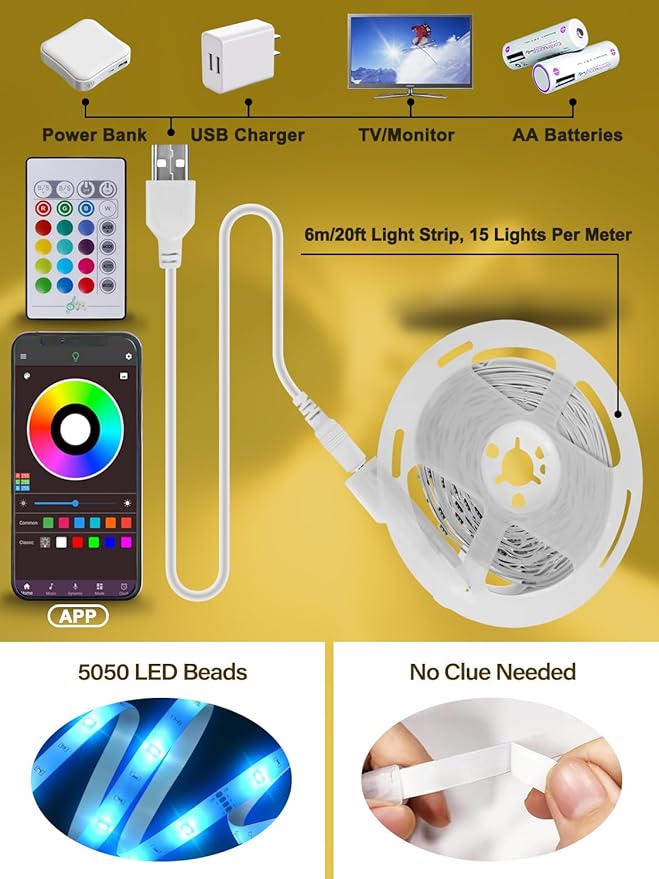 20FT Led Lights for TV, TV Backlight for 32-80 Inch, USB Led Light Strip with Remote, App Control, RGB Strip TV Lights Music Sync Color Changing, Led Lights for Room Gaming Accessories
