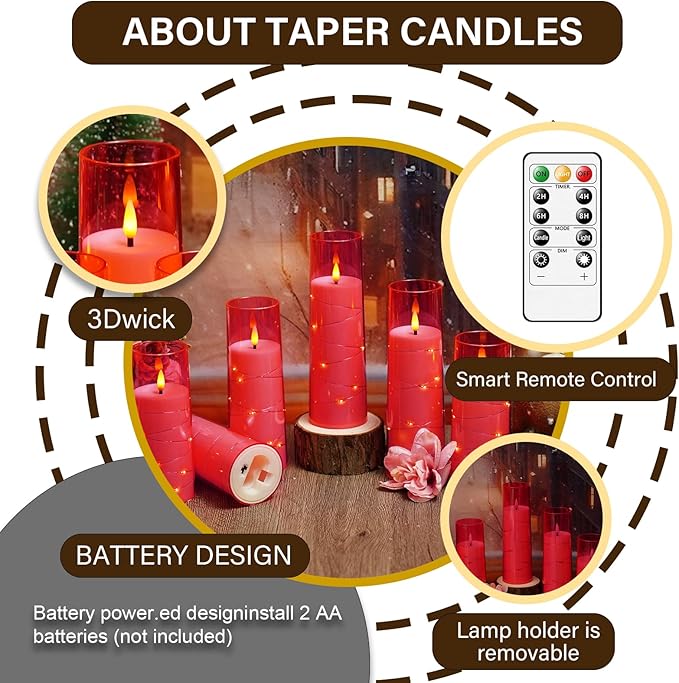 Flameless LED Candles with Timer 9 Pc Flickering Flameless Candles for Romantic Ambiance and Home Decoration Stable Acrylic Shell,with Embedded Star String，Battery Operated Candles(Pink)
