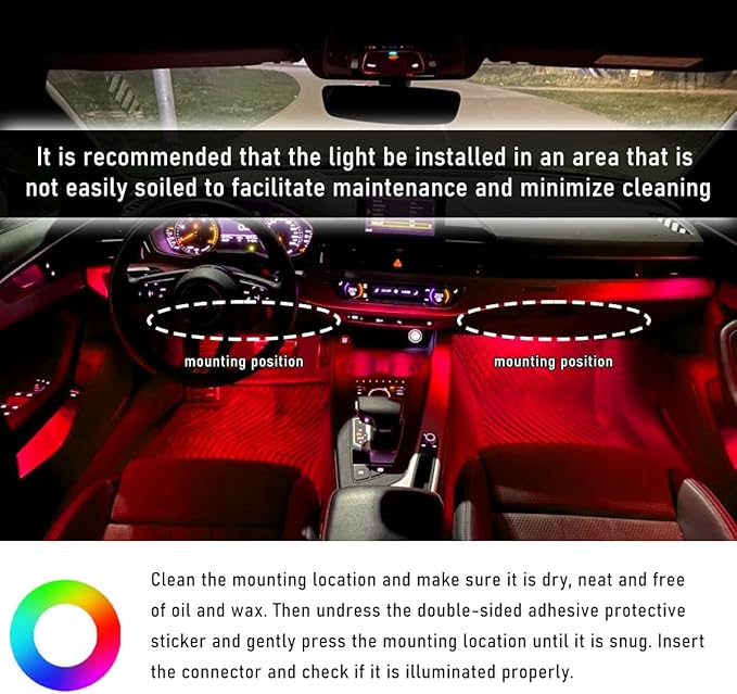 Car Interior LED Strip Light, 12V 24 LED Neon Ambient Night Light with Cigarette Lighter Plug, Automotive Atmosphere Decorative Under Dash Lighting Kit, Car Accessories (Red)