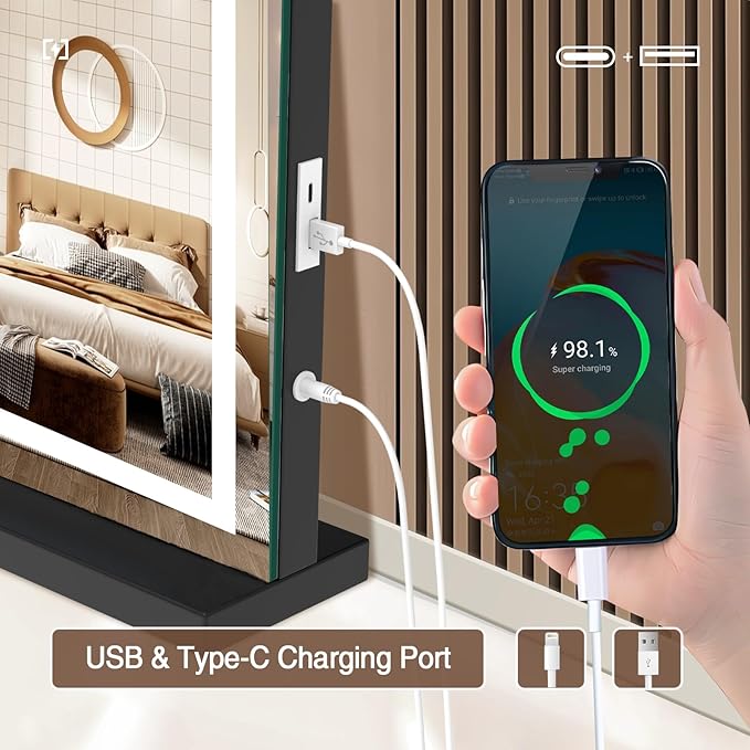 Vanity Mirror with Lights, 31.5" x 23.6" Large Makeup Mirror with LED Lights, Smart Touch Dimmable 3-Color Light, Memory Function, USB Charging Port