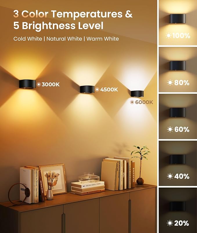 FULEN 4 Pack Motion Sensor Wall Lamp with Remote Control 3 Colors Wireless Wall Light LED Indoor Up and Down Wall Sconce 5000mAh Rechargeable Battery Powered Wall Lamps Brightness Adjustable,Black