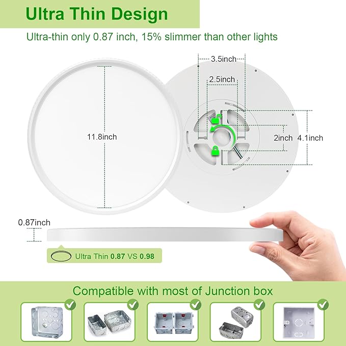 hunhun 3200lm LED Flush Mount Ceiling Light 12 Inch,5CCT Adjustable, Super Slim 0.87 inch led Ceiling Light Fixture for Bedroom, Living Room, Dining Room (White, 1-Pack)