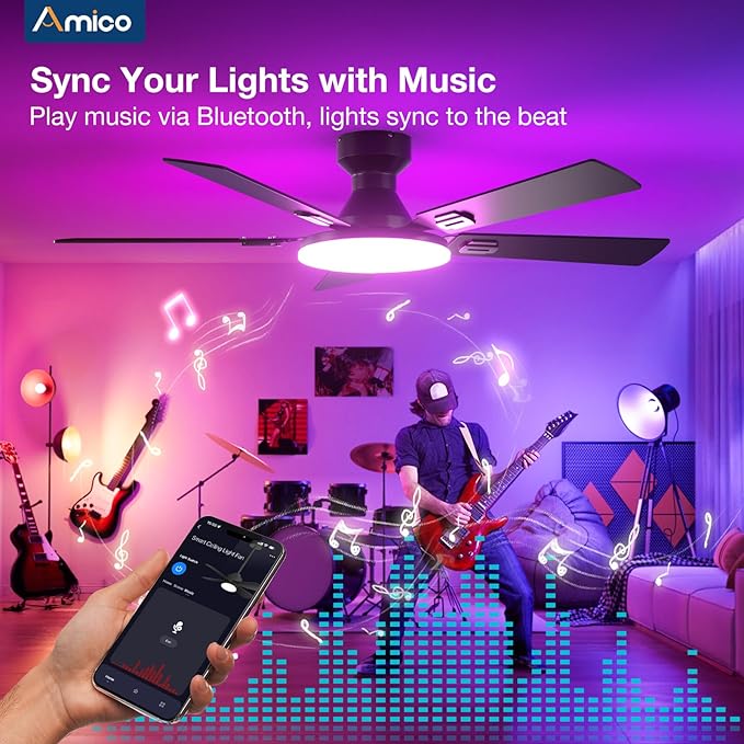 Amico Ceiling Fans with Lights, 52'' Smart RGB Ceiling Fan with Remote/APP/Alexa Control, Flush Mount, Reversible DC Motor, 5 Blades, 6 Speeds, 3CCT, Dimmable, Noiseless, Bedroom, Living Room, Black