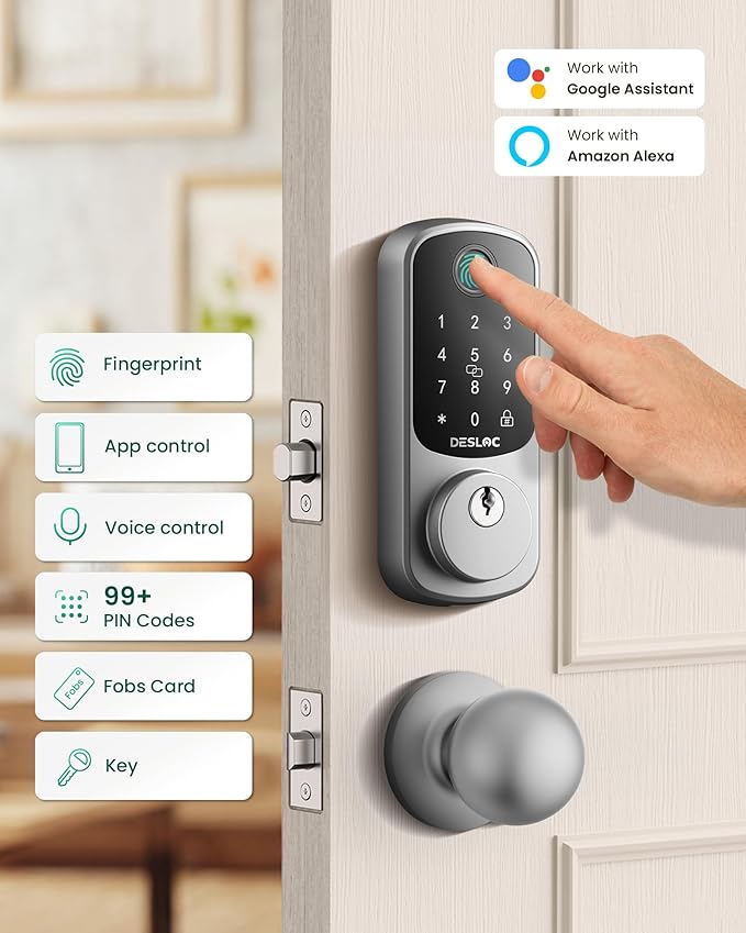 DESLOC B200 Fingerprint Smart Lock with 2 Knobs, Keyless Entry Front Door Lock Set, Electronic Keypad Deadbolt, App Control, Auto Lock, Long Battery Life,Silver