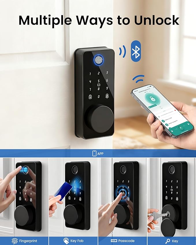 Smart Deadbolt Lock, Fingerprint Keyless Entry Door Lock App Control, Electronic Touchscreen Keypad, Auto Locking, IP54 Weatherproof, Easy Install Digital Deadbolt for Front Door