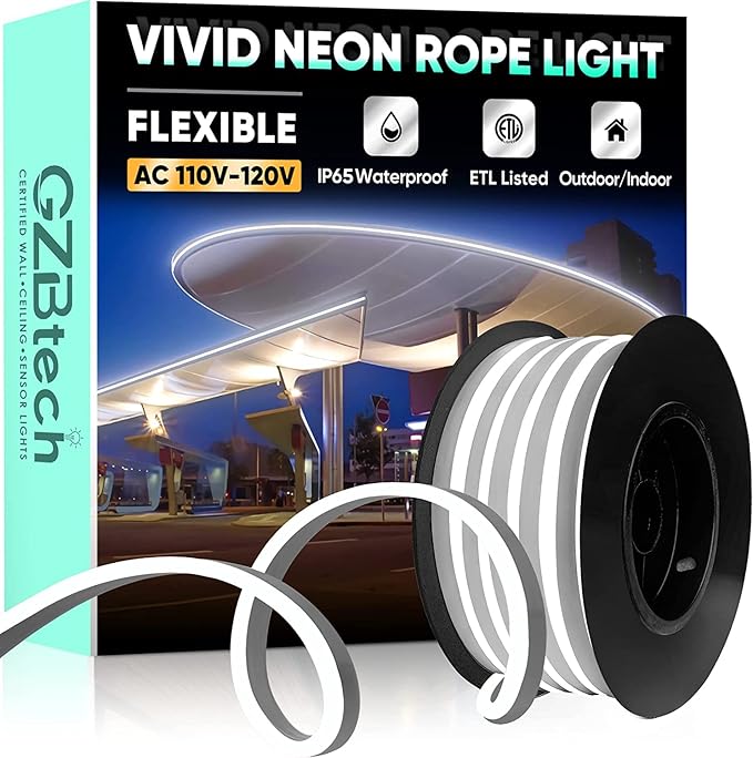 GZBtech Flexible LED Neon Rope Lights 16.4FT,AC 110-120V Waterproof Strip Light, 120 LEDs/M Cuttable Connectable Neon Lighting for Indoor Outdoor Home Decor/Commercial Use-Cold White 5M, ETL Listed