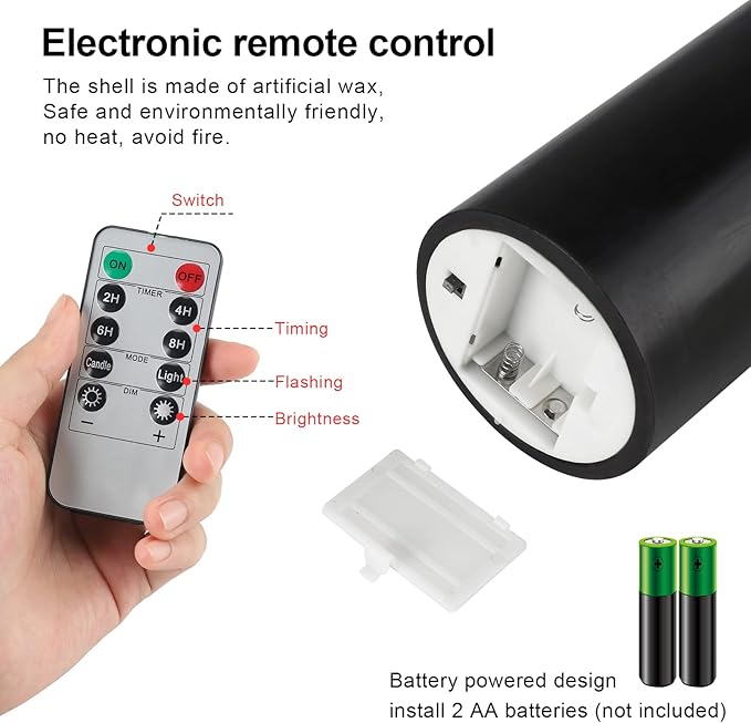 7” x 3” Flameless Candles, Flickering Moving Flame LED Candles, Battery Operated Candles with Remote and Timers, Black, Set of 2