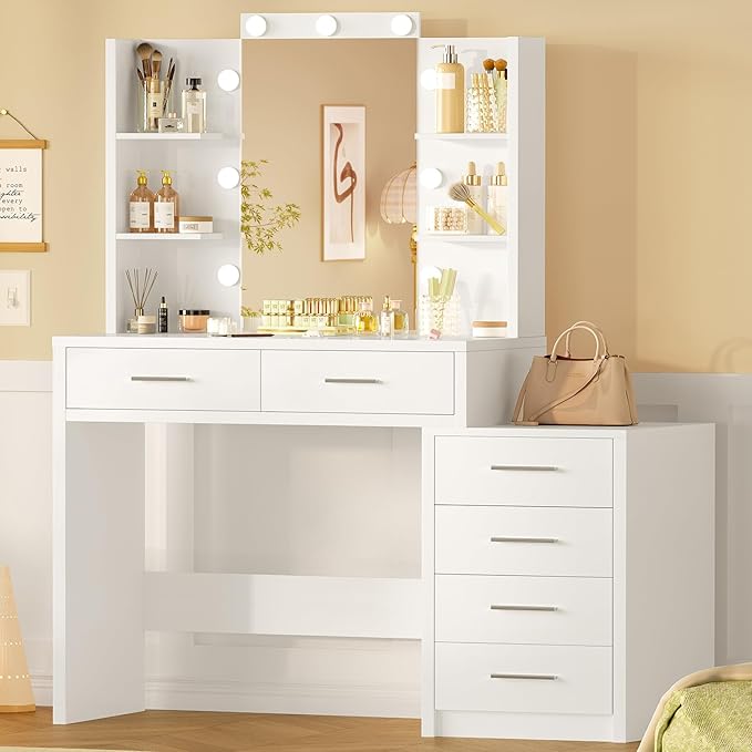 Quimoo 43.3" W Vanity Desk with Mirror and 9 LED Lights, Makeup Vanity with 6 Drawers, 6 Open Shelves, White Vanity for Women Girls, 43.3" W x 13.8" D x 54.3"