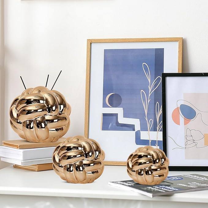 Wenqik Gold 3 Pcs Knot Decor, Chain Link Coffee Table Bookshelf Decor Accents, Entry Table Ceramic Aesthetic Minimalist Decorative Objects for Modern Home Living Room Decoration 3 Sizes