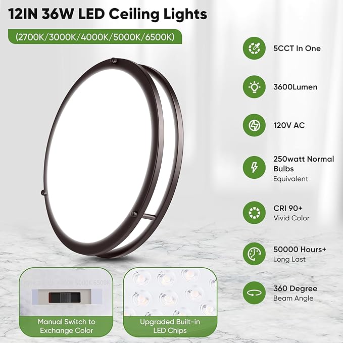 2-Pack 36W LED Ceiling Lights, 12inch Oil-Rubbed Bronze Flush Mount Light Fixtures 3600LM 2700K/3000K/4000K/5000K/6500K Adjustable Ceiling Lights, Modern Dimmable Lighting for Kitchen Hallway Bedroom