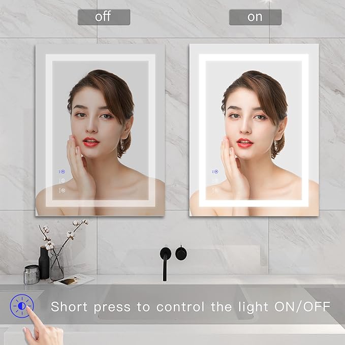 LED Bathroom Mirror, 32x24 Inch Bathroom Vanity Mirror Wall Mounted with 3000K-6000K Adjustable, Anti-Fog, Smart Touch Button, Stepless Dimmable Lighted Makeup Mirror, Horizontal/Vertical
