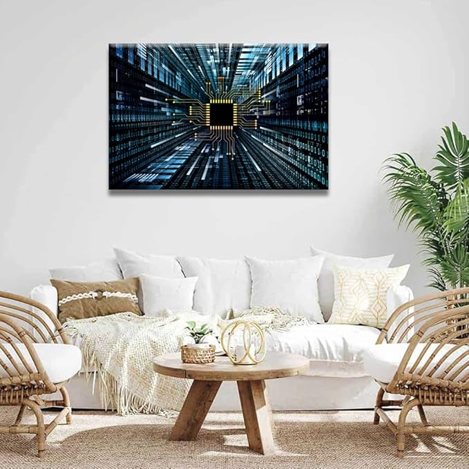 LSIUHWUWI Wall Decorations for Living Room Digital Circuit and Number Graphics Canvas Wall Art 1 Piece CPU Concept Home Decor Circuit Board Poster and Printing Framed Ready to Hang 36X24 INCH