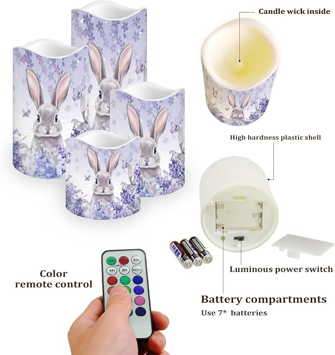 Easter Bunny Purple Floral Plastic Flameless Candles with Remote Control and Timer LED Flickering Battery Electric Pillar Candles for Table Easter Decoration