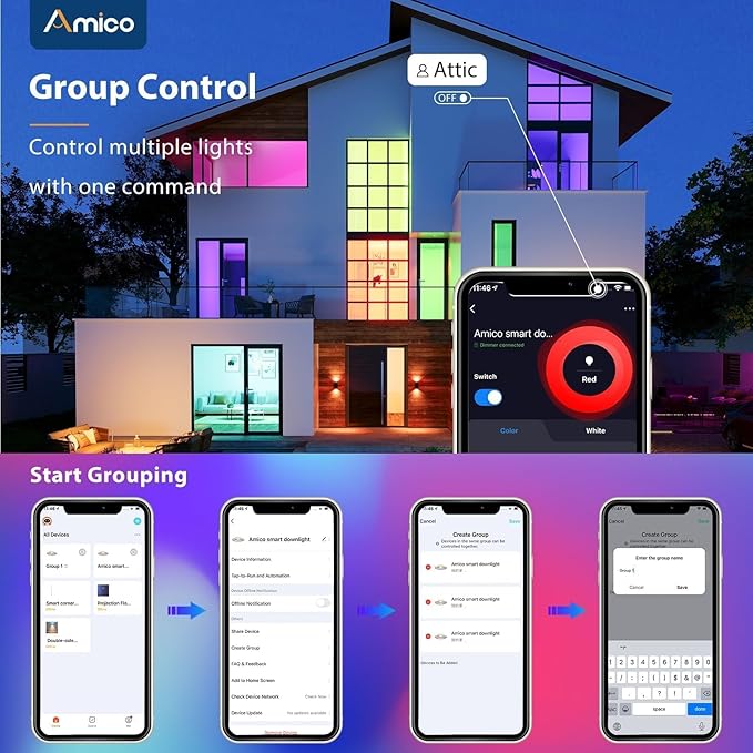 Amico 6 Pack 5/6 Inch WiFi LED Recessed Can Smart Matter Lights, RGBCW Color Changing Retrofit Recessed Lighting, Voice & APP Control, 12W=110W 1100LM, Alexa & Google Compatible, ACK, IC & ETL