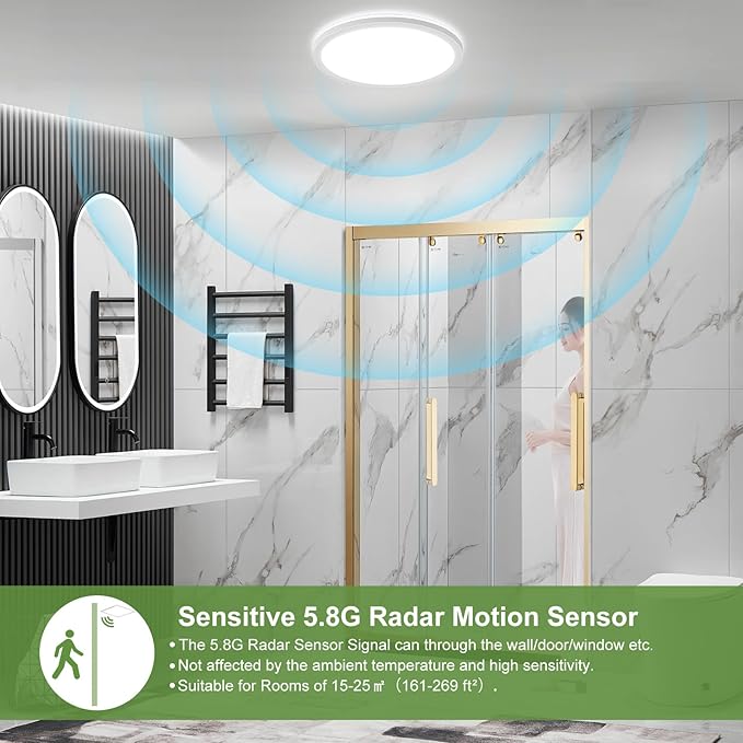 24W Motion Sensor LED Ceiling Light Wired, 2400lm 12Inch 2700K/4000K/6500K IP54 Flush Mount Lighting Fixture with Remote, Radar Motion Activated Ceiling Lamp for Hallway Laundry Porch Stair Closet
