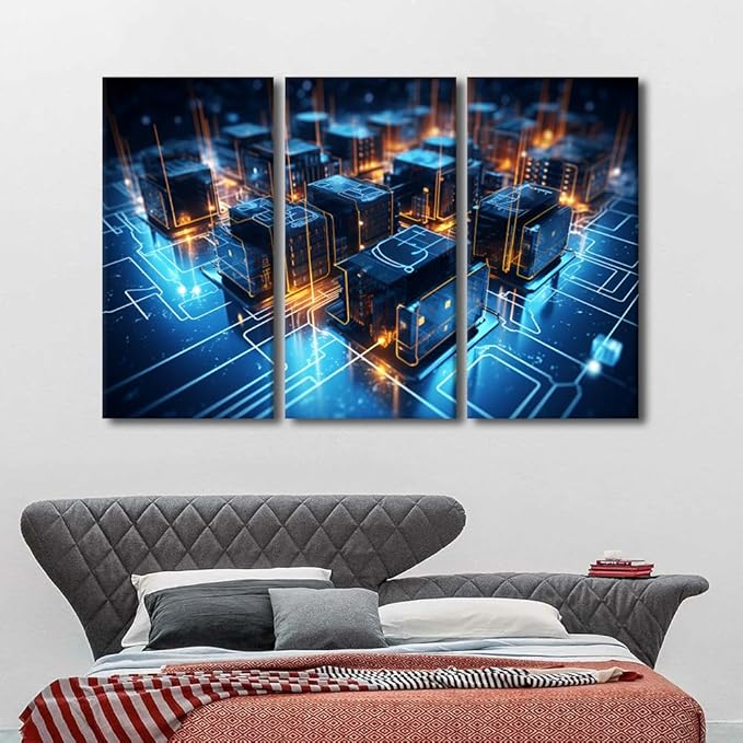 3 Panel Canvas Wall Art Digital Network Concepts Picture Poster for Living Room Bedroom Bathroom Wall Decorations, Stretched Framed Gallery-Wrapped Ready to Hang, 60" Wx40 H