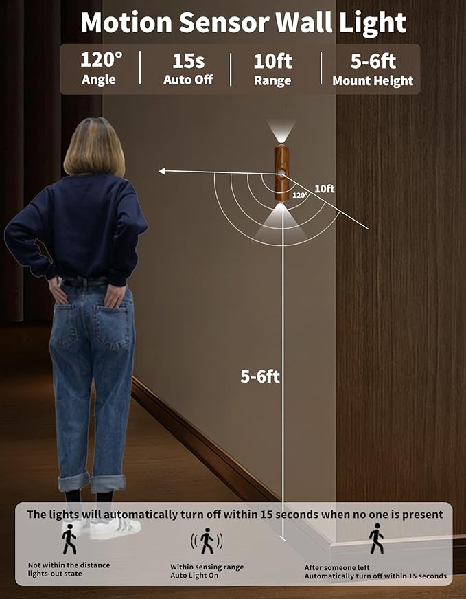 Motion Sensor Wall Lamp, Motion Sensor Light Indoor, Smart Night Light, Rechargeable Sensor Bathroom Light, Magnetic Mount lamp for Bedroom, Bathroom, Courtyard, Livingroom (Walnut-3 Color)