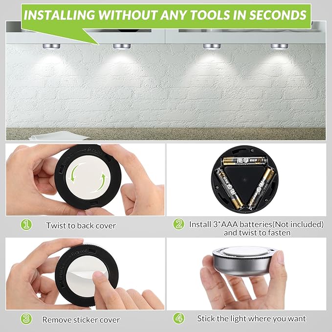 Macarrie 24 Pack Push Tap LED Puck Lights, 2.68" Mini Wireless Touch Night Light, 60 Lumens Battery Operated Stick on Lights for Under Cabinet, Kitchen Counter, Closet & Wall(Silver)