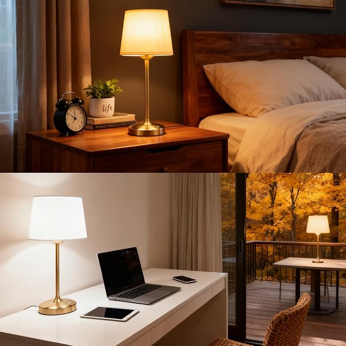 Cordless Table Lamp Gold with Dimmer, 4000mAH Battery Operated Lamp Rechargeable, 3 Color Temperature Touch Control Fabric Desk Light for Dining Room, Bedroom, Bar, Patio, Counter, Restaurant