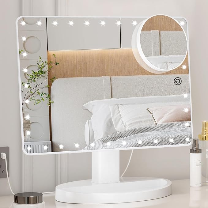 FUNTOUCH Large Lighted Makeup Mirror with Lights, Light Up Mirror with Small 10x Magnification for Desk, 360°Rotation Touch Screen,Brightness Adjustable Tabletop Cosmetic Vanity Make Up Mirror
