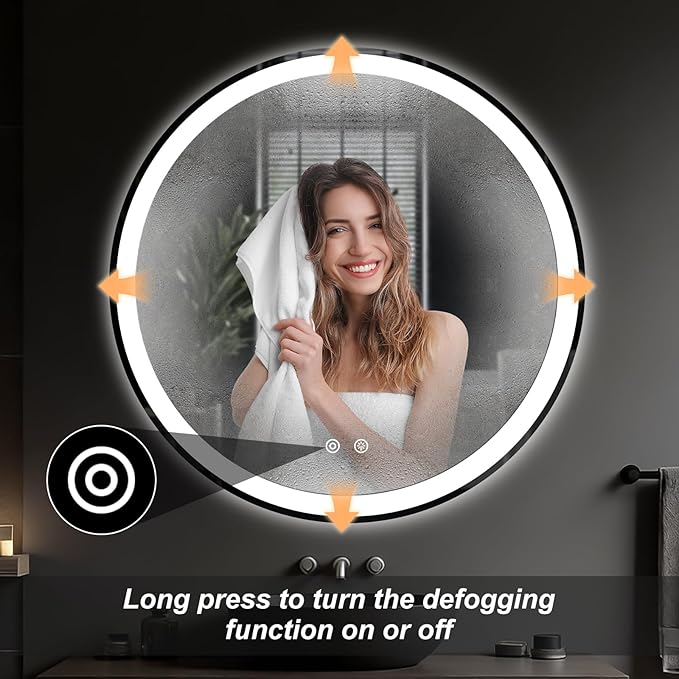 Sweetcrispy 36 Inch Round LED Bathroom Mirror with Lights, Circle Vanity Mirror with Anti-Fog, Dimmable, 3-Color Light, Memory Function, Tempered Glass