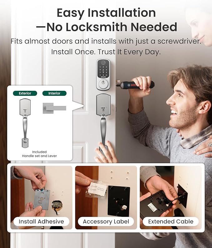 DESLOC B200 Fingerprint Front Door Lock Set with Durable Handleset, Keyless Entry Deadbolt, Electronic Keypad, App Control, Easy Installation, Designed for a Modern and Stylish DESLOC Home, Silver
