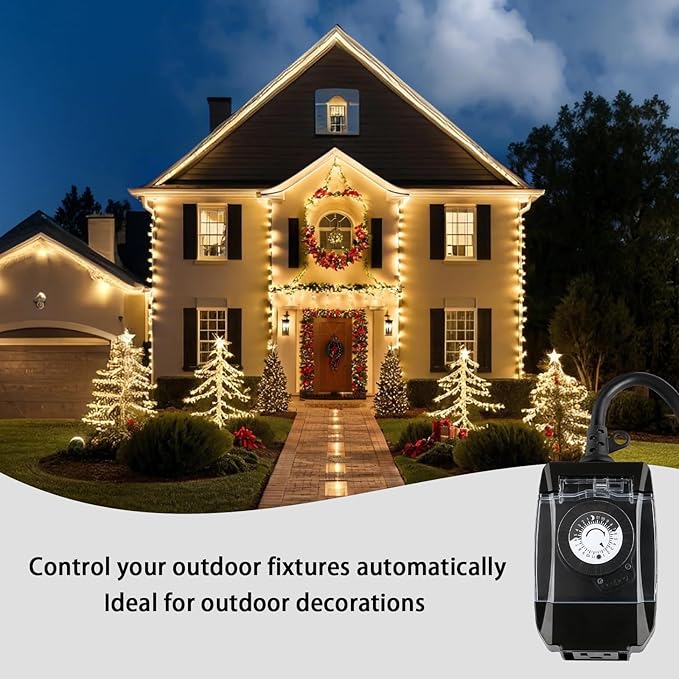 Outdoor Timer Outlet Waterproof, 24 Hour Mechanical Timer Outlet for Home and Garden, Single Grounded, 15A 3/4HP, Black, 2 Pack