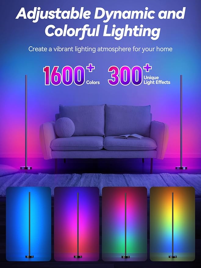 Corner Floor Lamp, 2 Pack LED Corner Lamp with App and Remote Control, RGBICW 16 Million DIY Colors & 68+ Scene, Music Sync, Color Changing Smart Ambient Light for Living Rooms, Bedrooms, Gaming Room