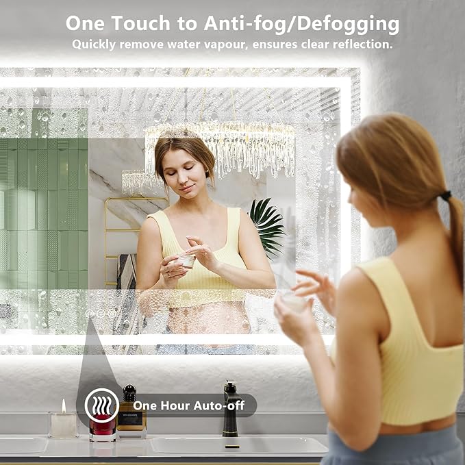 60x38 Inch LED Bathroom Mirror with Lights Front and Backlit Lighted Vanity Mirror for Bathroom Wall with 3 Colors Dimmable Anti-Fog Memory Shatter-Proof IP54 Waterproof Horizontal/Vertical