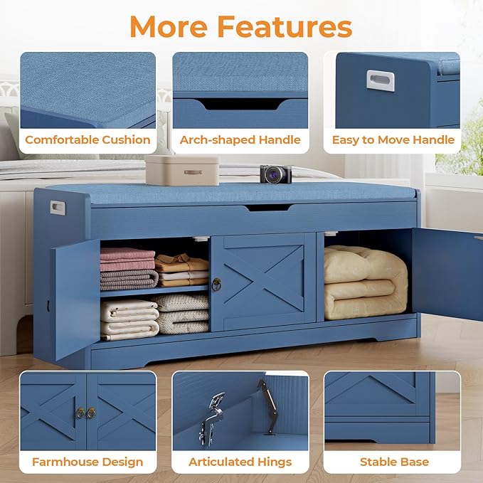 Farmhouse Shoe Storage Bench with Cushion Seat, 3-Tier Entryway Bench with Lift Top Storage and Adjustable Shelf, Bench for Hallway, Bedroom, Blue