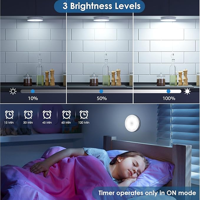 Motion Sensor Puck Light with Remote, Wireless Dimmable Under Cabinet Lights, Rechargeable Magnetic Closet Light, Stick on Night Light, 4-Pack