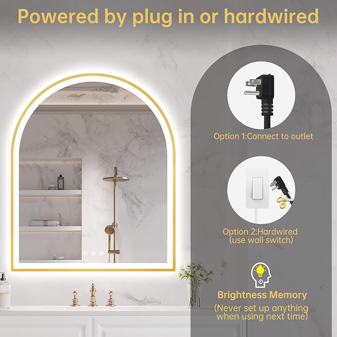 30"x36" Arched LED Mirror for Bathroom, Brushed Gold Lighted Bathroom Mirror with Lights, Fogless, Dimmable, Shatterproof, Touch Sensor, 3 Color Changing